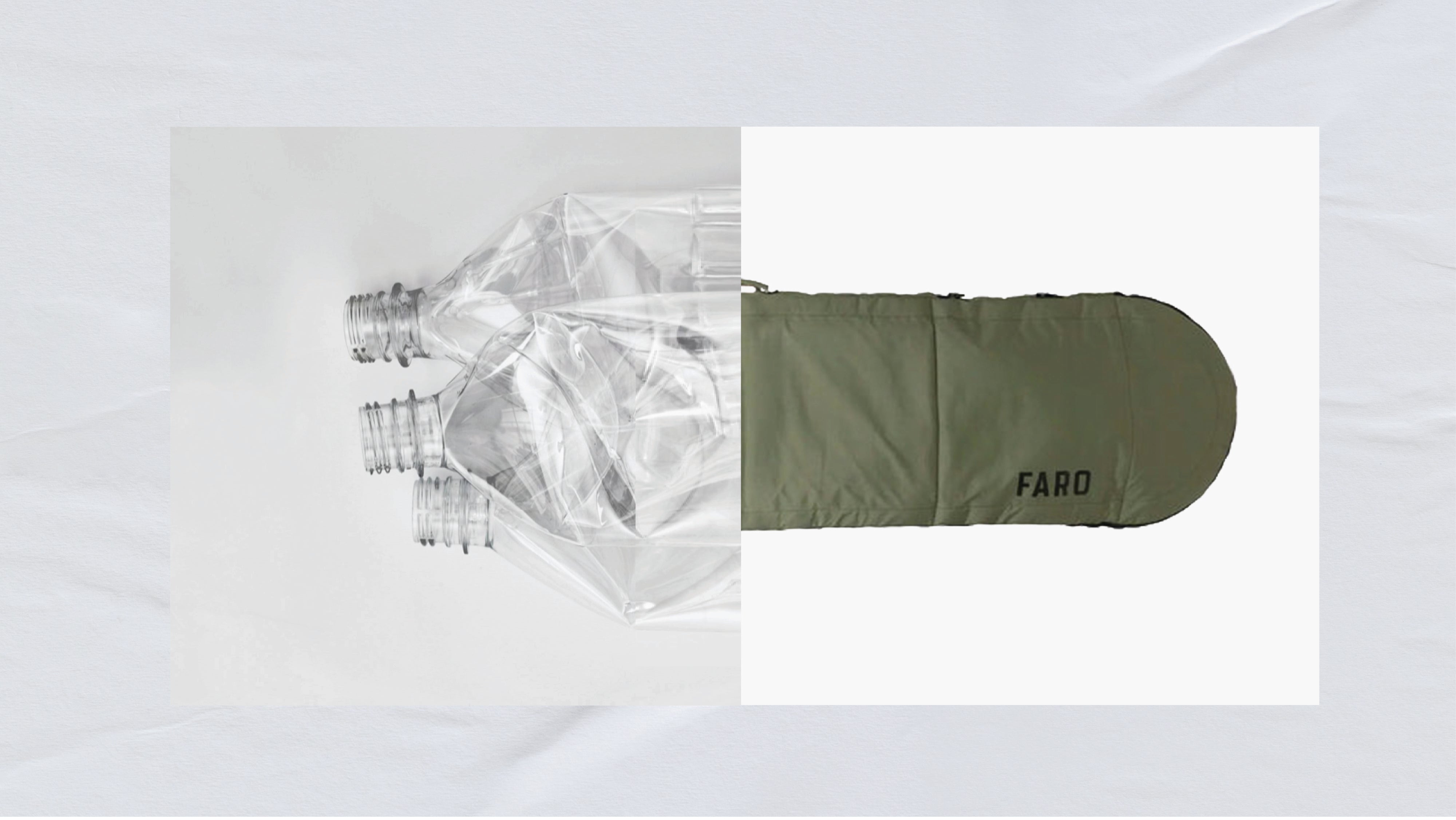 Recovered plastic bottles next to a green FARO board bag