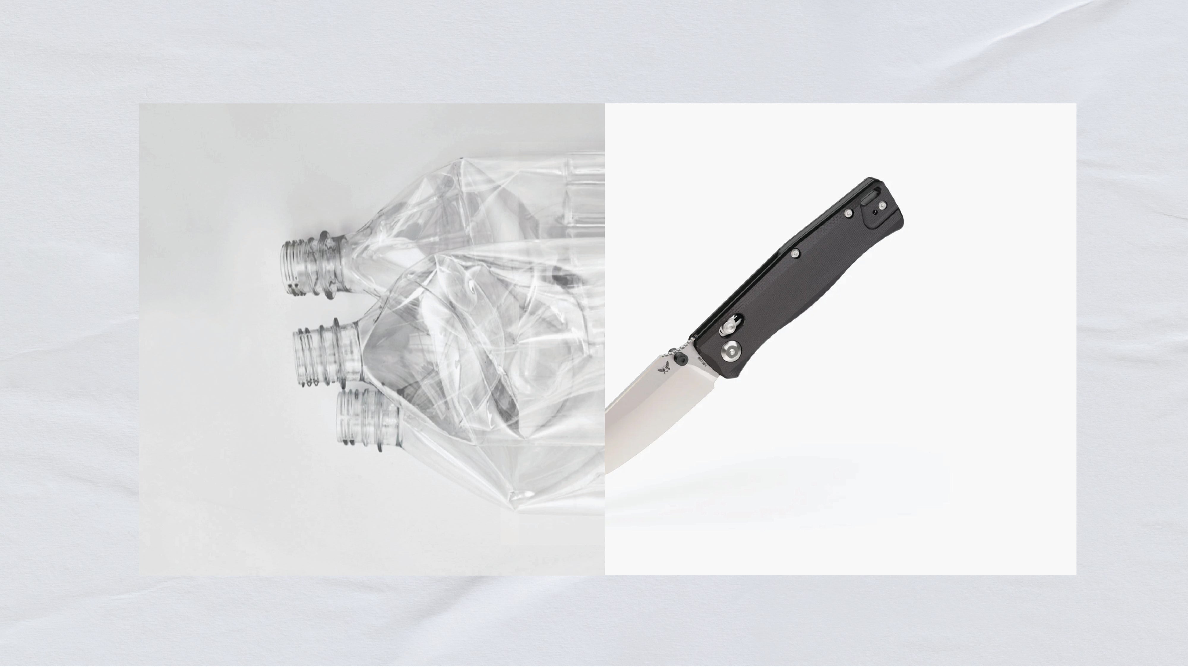 Recovered plastic bottles next to a folding knife with a black handle