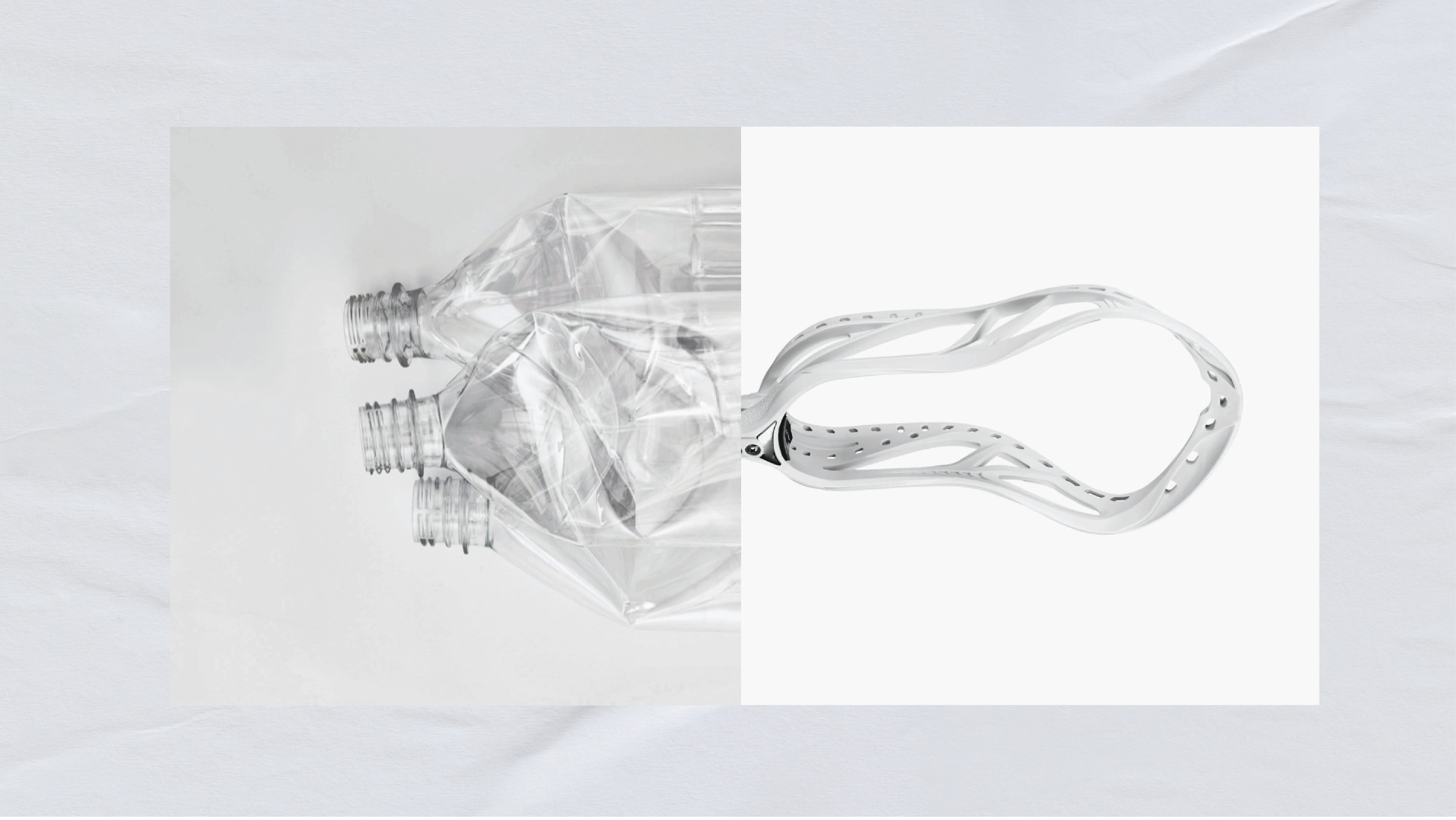 Recovered plastic bottles next to a white lacrosse head