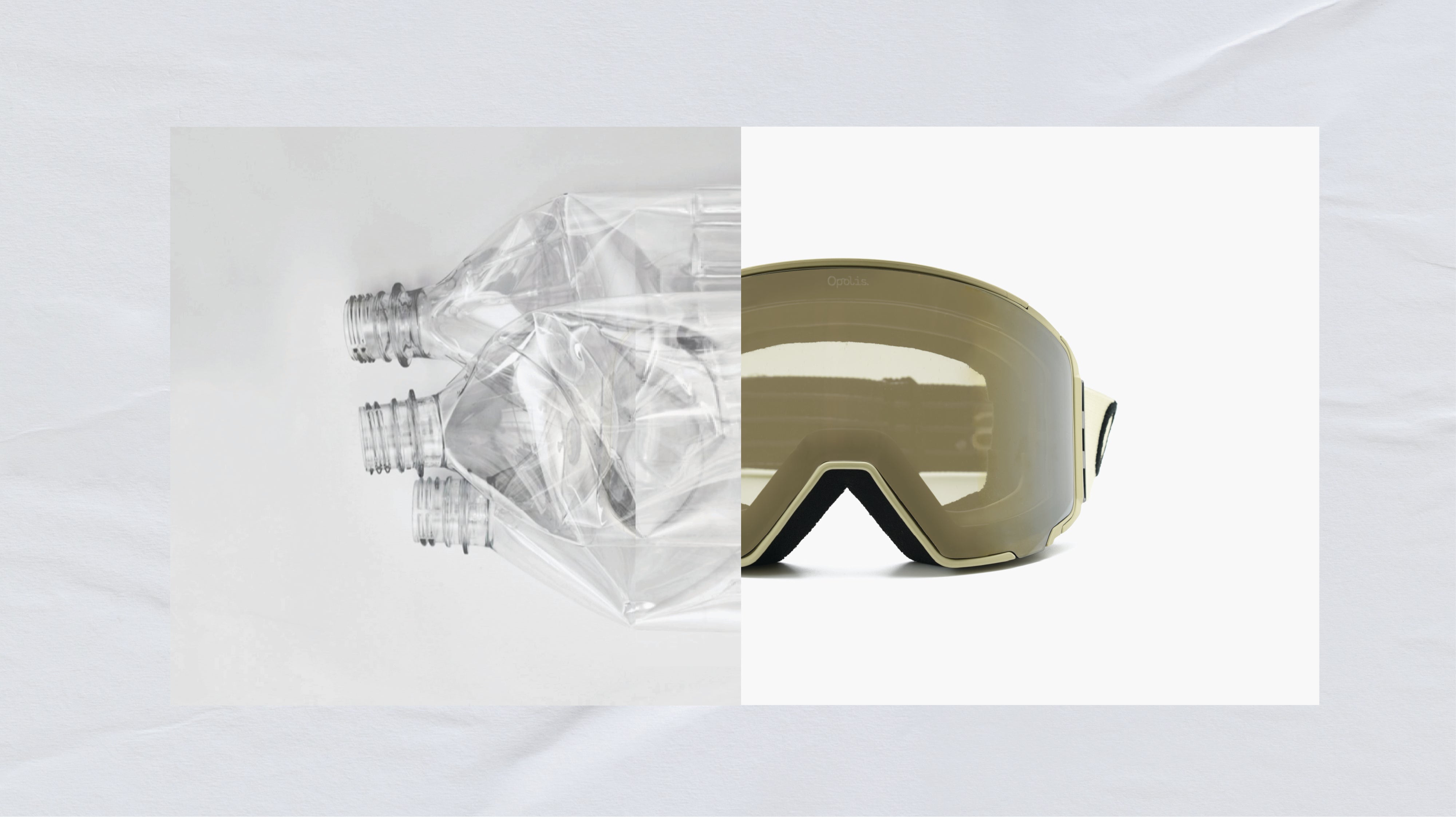 Recovered plastic bottles next to Opolis ski goggles made with StokedPlastic