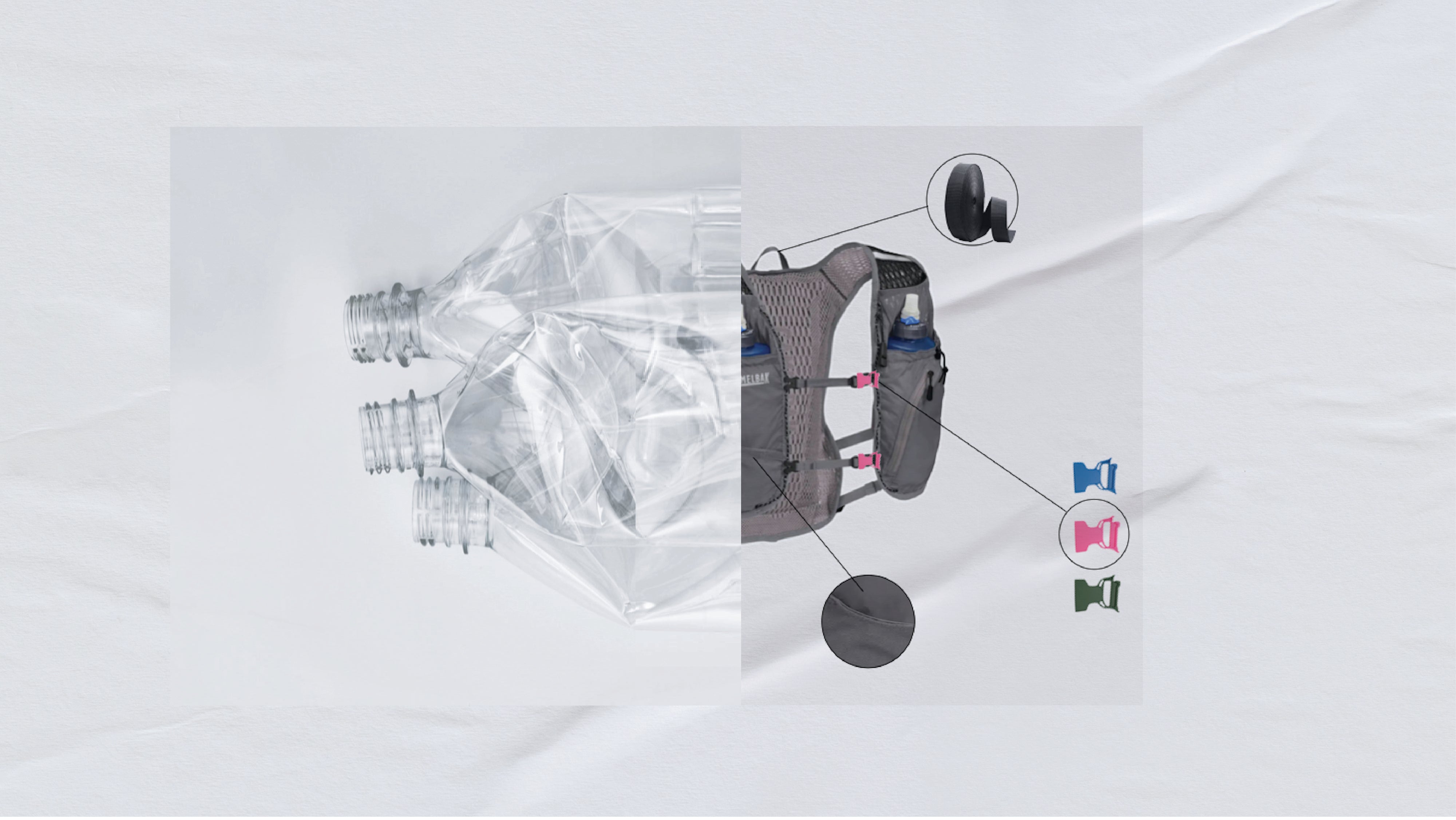 Recovered plastic bottles next to a hydration vest with molded clips and buckles