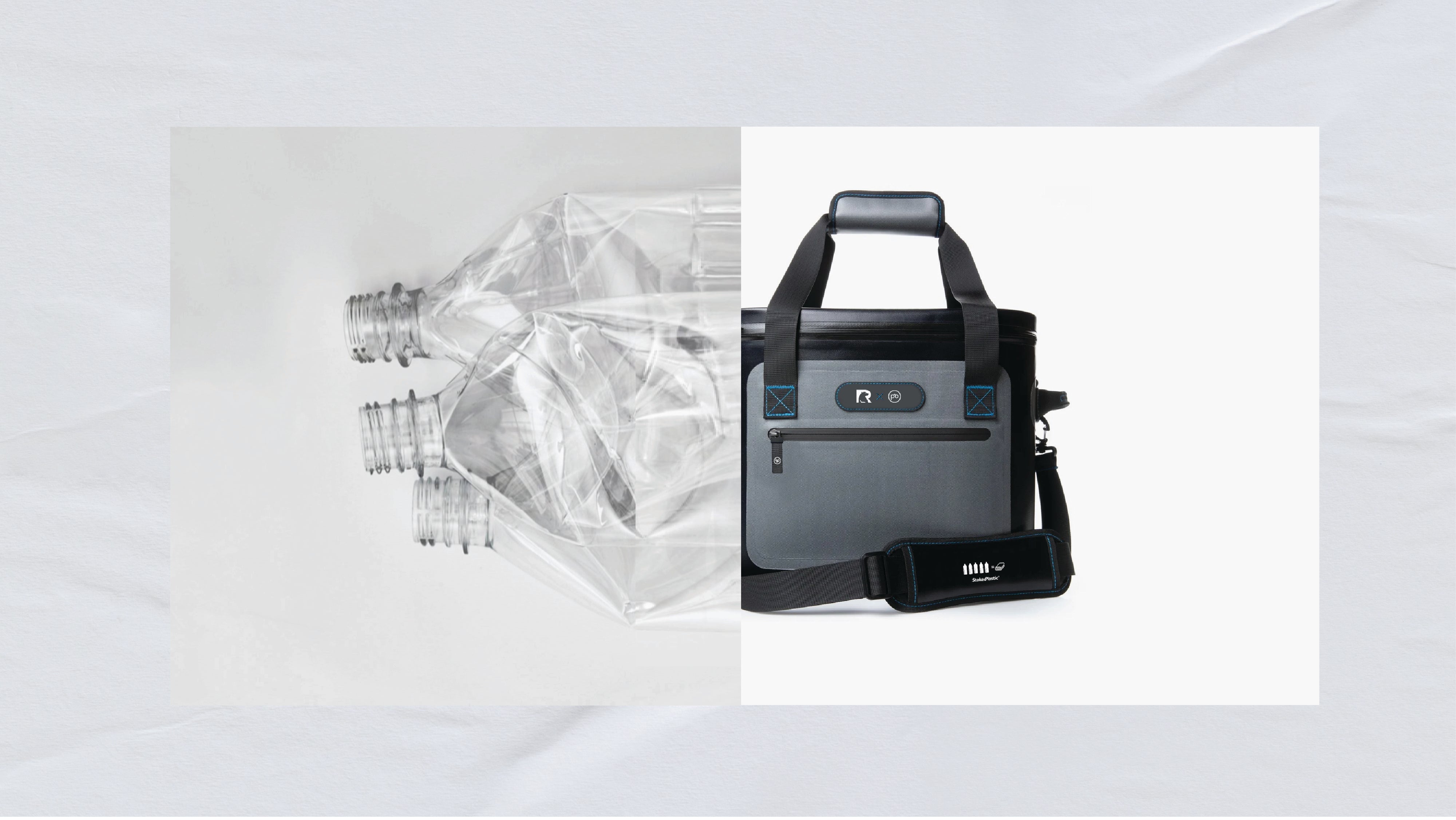 Recovered plastic bottles next to a soft-sided cooler bag